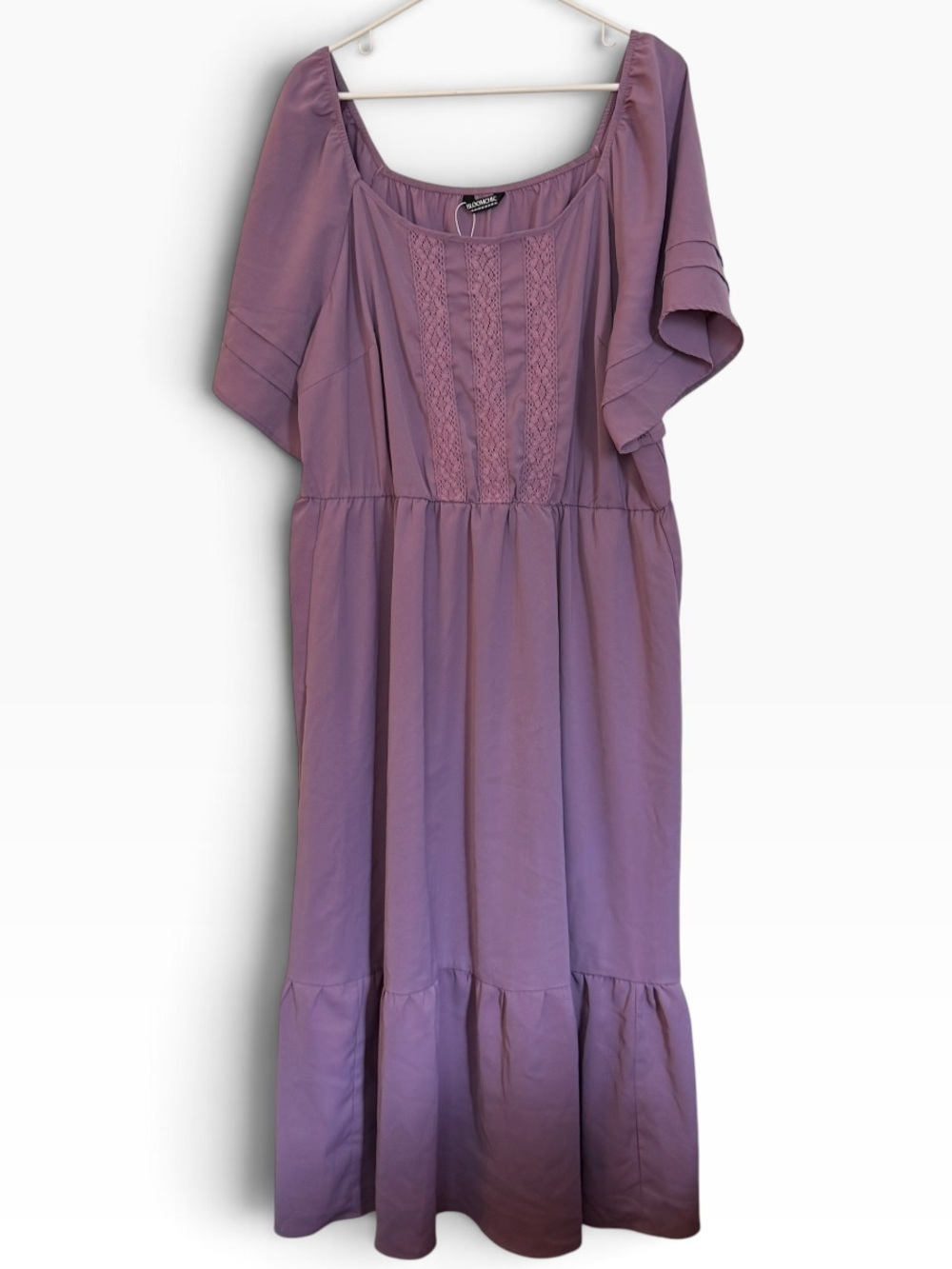 BloomChic Lavender Tiered Midi Dress with Lace Panel Flutter Sleeve - Picture 2 of 9